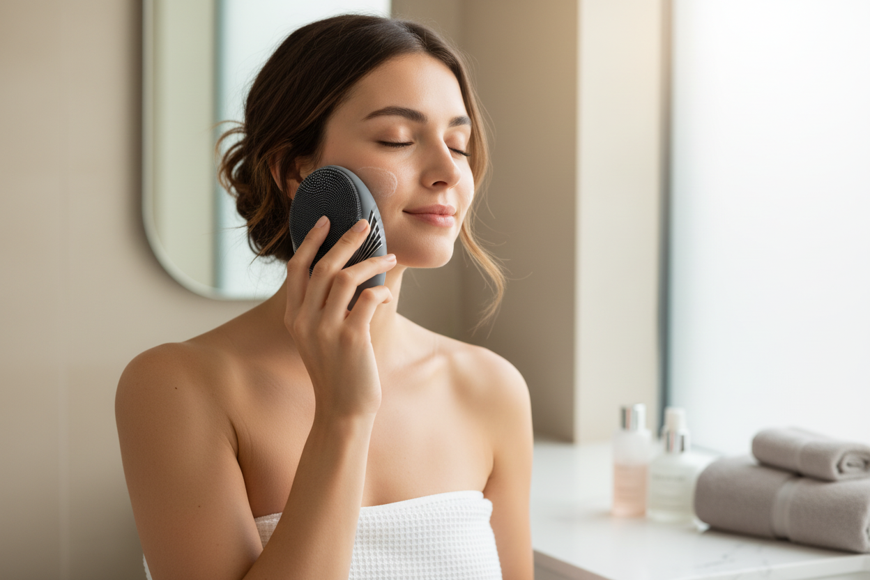 Lifestyle photo of person using facial cleanser
